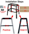 Universal Heavy Duty Power Tool Stand installation steps diagram with labeled parts and accessories