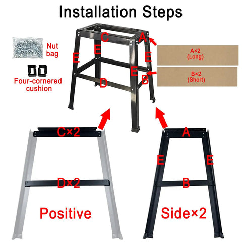 Universal Heavy Duty Power Tool Stand installation steps diagram with labeled parts and accessories