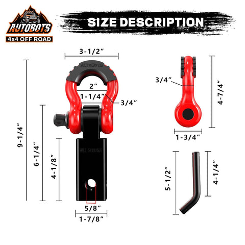 Size diagram of 2 Inch Tow Hitch Receiver With Three Quarter Inch D Ring Shackle, Forty Five Thousand Pound Break Strength