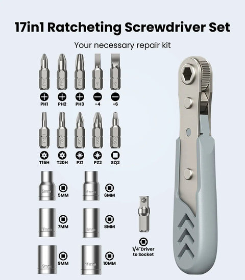 17in1 Right Angle Ratcheting Screwdriver Set With Bearing Steel, magnetic bits and wrench, low profile design for tight spaces