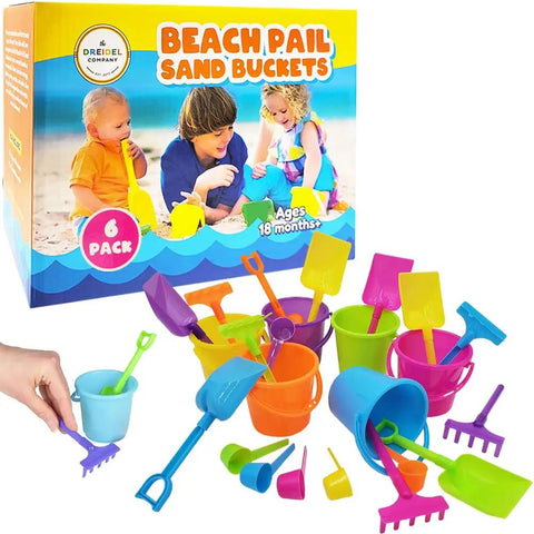 Six Pack Mini Beach Bucket Sets with sand buckets, shovels, rakes, and scoops in neon colors shown with packaging