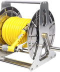 Heavy Duty Wall Mounted Garden Hose Reel With Smooth As Butter Crank Handle Industrial Stainless Steel Water Hose Holder with yellow hose.