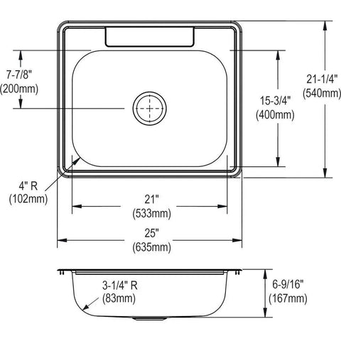 Diagram of Single Bowl Drop-In Stainless Steel Kitchen Sink 25 By 21 Inches dimensions for 30 inch cabinets installation