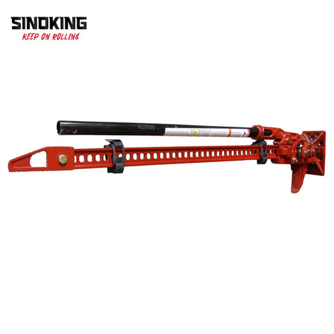 Red high-lift jack with grip, Heavy Duty Rubber Shovel Mount Clamp Fits One And One Eighth To One And One Half Inch Objects Holds