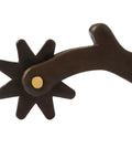 Close-up of 8 point rowel on antiqued finish all purpose men's spur with 2 inch shank 1 inch wide band for western riding