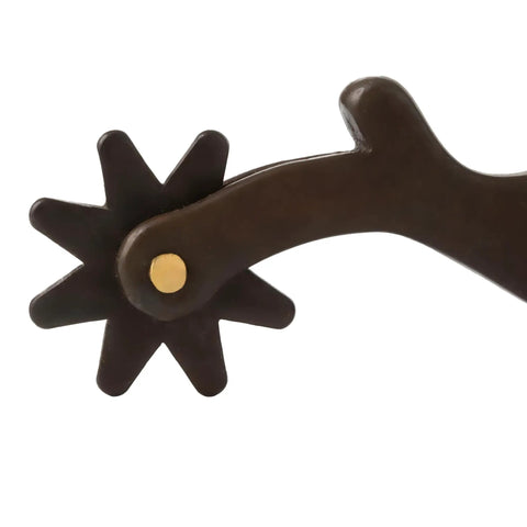 Close-up of 8 point rowel on antiqued finish all purpose men's spur with 2 inch shank 1 inch wide band for western riding