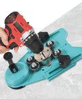 Pro Grade Adjustable Hole Saw Guide Jig with Vacuum Base in use, drilling a smooth surface with precise control.