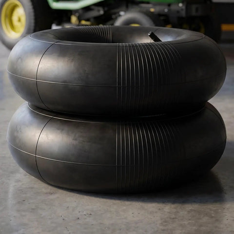 Stack of Heavy Duty 2 Pack Inner Tubes for 15x6-6 Lawn Mower and Golf Cart Wheels with Straight Valve, garage background.