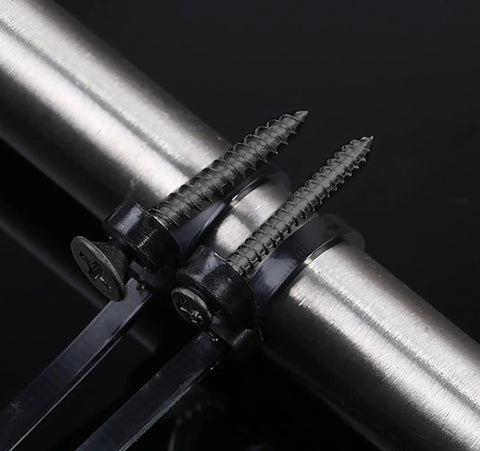 Black 5.9 Inch Nylon Zip Ties With Screw Holes Kit, 100 Pack Zip Ties And 100 M4 X 12 Stainless Steel Screws securing a metal pipe