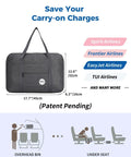 Underseat Travel Duffel Bag 18x14x8 Inches 25L Foldable Personal Item Carry On Luggage Denim Grey, fits under airline seat chart