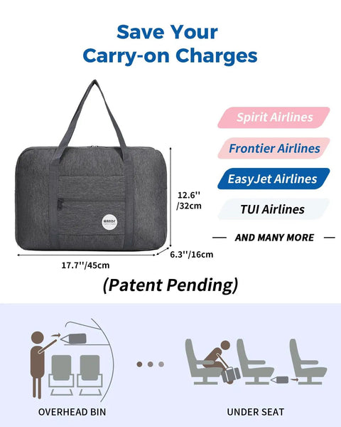 Underseat Travel Duffel Bag 18x14x8 Inches 25L Foldable Personal Item Carry On Luggage Denim Grey, fits under airline seat chart