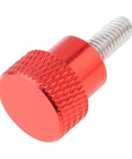 Close-up of a Six Pack M4 10mm Stainless Steel Knurled Thumb Screw with Red Aluminum Head for quick tightening and easy grip use in projects.