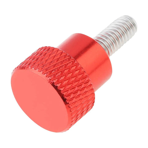 Close-up of a Six Pack M4 10mm Stainless Steel Knurled Thumb Screw with Red Aluminum Head for quick tightening and easy grip use in projects.