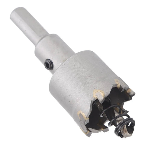 Close-up of a carbide hole saw from the Carbide Hole Saw Kit With 30mm 32mm 35mm 36mm 38mm Reamer Bits For Steel Stainless Aluminum Calcium Silicate And Plastic Sheets Heavy Duty Electrician Grade Thick Metal Sheet Cutter Drill Bit Set.