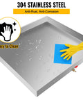 Heavy Duty Stainless Steel Washing Machine Pan 27x25x2.5 Inches, 18 Gauge Drain Tray With Drain Hole And Hose Adapter being cleaned
