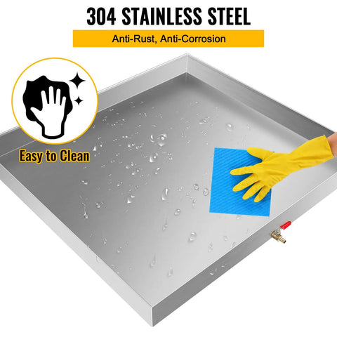 Heavy Duty Stainless Steel Washing Machine Pan 27x25x2.5 Inches, 18 Gauge Drain Tray With Drain Hole And Hose Adapter being cleaned