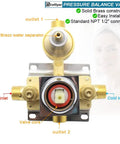 Two Way Outlet Shower Diverter Valve Mixer With Two Handles Pressure Balance Valve Thermal Limit Safety Stop Oil Rubbed Bronze Finish Replacement Shower Valve Kit Easy Install, showing brass construction with marked inlets.
