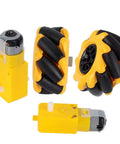 Omnidirectional Mecanum Wheel For TT Geared Motor, 60mm Rubber Coated Robot Car Wheel With Left And Right Translation For DIY Robotics Projects, Delivers Precise Square Track Driving And Diagonal Maneuvers; image showing yellow TT motors and rubber-coated wheels.