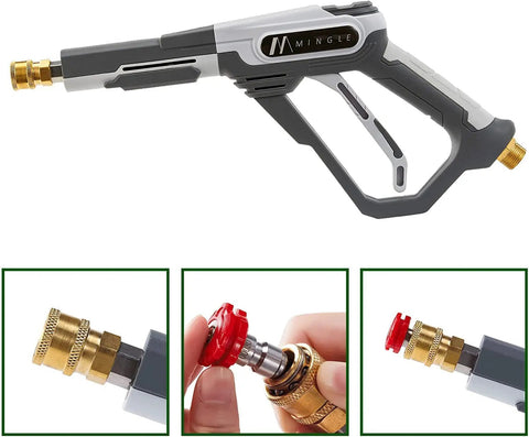 Short Pressure Washer Gun With Heavy Duty 4000 PSI Power Easy Quick Trigger Grip M22 14mm And 15mm Thread Compatibility in use