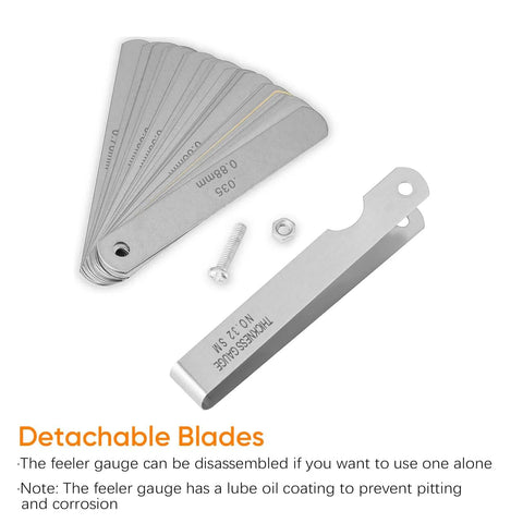 ZUZUAN feeler gauge set with 32 blades and 16-blade offset gauge, detachable blades, metal holder