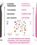 14 Piece Rhinestone Picker Kit Pro Grade With Dual Head Pens And Wax Tips showing curved and straight tweezers with rhinestones