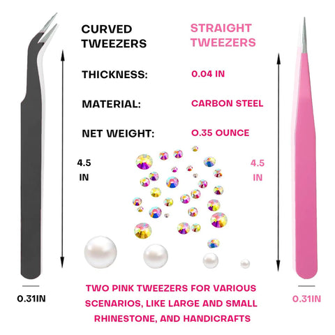14 Piece Rhinestone Picker Kit Pro Grade With Dual Head Pens And Wax Tips showing curved and straight tweezers with rhinestones