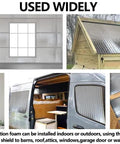 16 By 50 Feet Bubble Core Double Reflective Insulation Roll With 95 Percent Radiant Heat Barrier Vapor Shield For Attic Garage Walls And Sheds, displayed in various applications including windows and a shed.