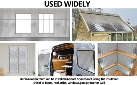 16 By 50 Feet Bubble Core Double Reflective Insulation Roll With 95 Percent Radiant Heat Barrier Vapor Shield For Attic Garage Walls And Sheds, displayed in various applications including windows and a shed.