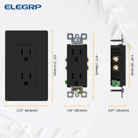 Matte Black Standard Decorator Electrical Wall Receptacle Outlet 15A 125V NEMA 5-15R 2 Pole 3 Wire Non Tamper Resistant Self Grounding With Mid Wall Plate UL Listed 5 Pack dimensions.