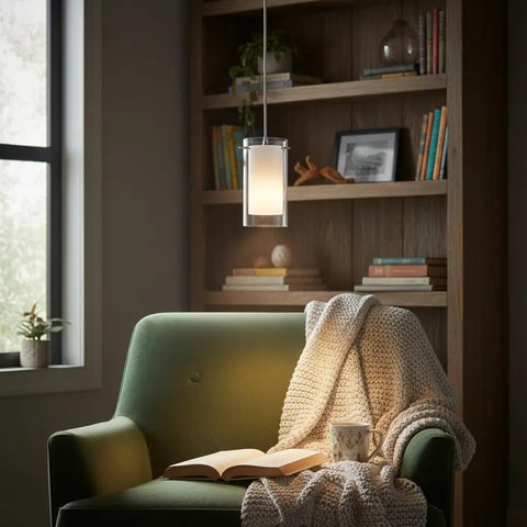 Cozy room with Dual Glass Pendant Lights 2 Pack With Brushed Nickel Finish Adjustable, illuminating an armchair with books.