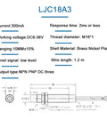 Technical diagram of Capacitive Proximity Sensor Switch 6-36V DC Three-Wire NPN PNP NO NC 10mm Sensing Distance components