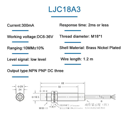 Technical diagram of Capacitive Proximity Sensor Switch 6-36V DC Three-Wire NPN PNP NO NC 10mm Sensing Distance components