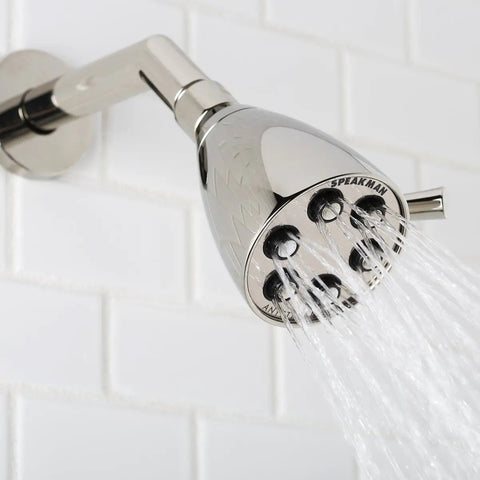 S-2252-PN-E2 Signature Brass Icon Anystream Adjustable Shower Head with 360 Degree Spray in use, polished nickel finish