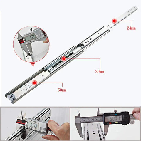 Heavy Duty Push To Open Drawer Slides Full Extension Ball Bearing Runners Industrial Grade Telescopic Cabinet Guides 34 Inch with measurement details.