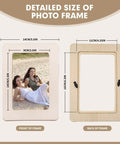 Detailed view of Fun DIY Mosaic Photo Frame Kit For 4x6 Photos showing front and back of unfinished wooden frame with dimensions.