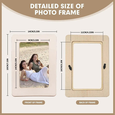 Detailed view of Fun DIY Mosaic Photo Frame Kit For 4x6 Photos showing front and back of unfinished wooden frame with dimensions.