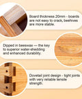 Close-up details of 8 Frame Deep Brood Bee Hive Box In Cedar Wood, Langstroth Style Honey Bee Hive Kit For Sale showing joinery and beeswax finish.