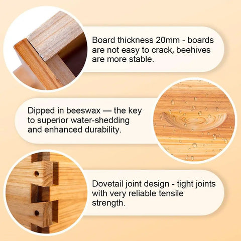 Close-up details of 8 Frame Deep Brood Bee Hive Box In Cedar Wood, Langstroth Style Honey Bee Hive Kit For Sale showing joinery and beeswax finish.