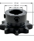 Front view of Heavy Duty ANSI 40 Roller Chain Sprocket Type B With Five Eighth Inch Bore Nine Teeth, showing measurements and design.