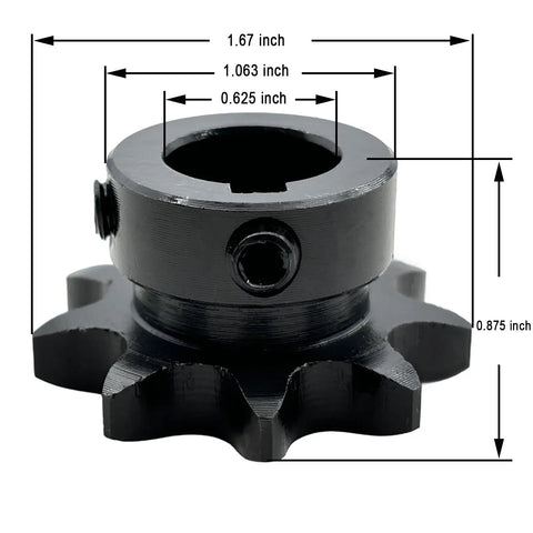 Front view of Heavy Duty ANSI 40 Roller Chain Sprocket Type B With Five Eighth Inch Bore Nine Teeth, showing measurements and design.