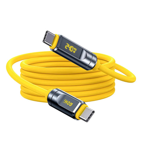 Uber Fast USB4 2.0 Cable With LED Display 6.6ft 240W PD3.1 Fast Charging 80Gbps Data Transfer Dual 8K Video For MacBook Pro iPhone Galaxy SSD Docking Yellow coiled USB-C cable with LED power display