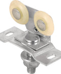Straight Shooter Pocket Door Top Roller Assembly With Heavy Duty Adjustable Bracket And Seven Eighths Inch Nylon Twin Wheel close-up view.