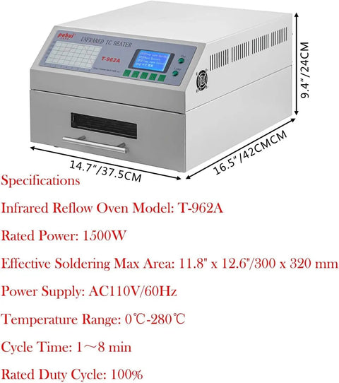 Pro Grade Desktop Reflow Oven Soldering Station With Infrared Heater and Hot Air Circulation, front view with display screen.