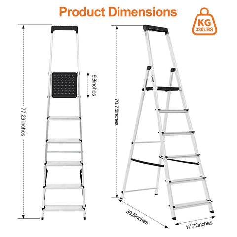 Beefed Up 6 Step Aluminum Folding Ladder With Wide Flared Base, Portable Compact Step Stool, Supports Up To 330 Lbs showing product dimensions