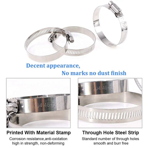 Close-up of Twenty Pack 304 Stainless Steel Adjustable Hose Clamps 46 To 70 MM Range Worm Gear Clamp Kit showcasing material and finish.