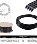 One Quarter Inch SAE J844 Nylon Air Brake Tubing, Five Hundred Feet, Black, DOT Approved, coiled on reel with technical diagram