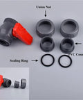 Grey Hose Connector Set 15 Piece Double Union Ball Valve Garden Watering Fittings For Quick Disconnects And Flexible Outdoor Irrigation And Lawn Watering System disassembled with union nut, PVC connector, and sealing rings
