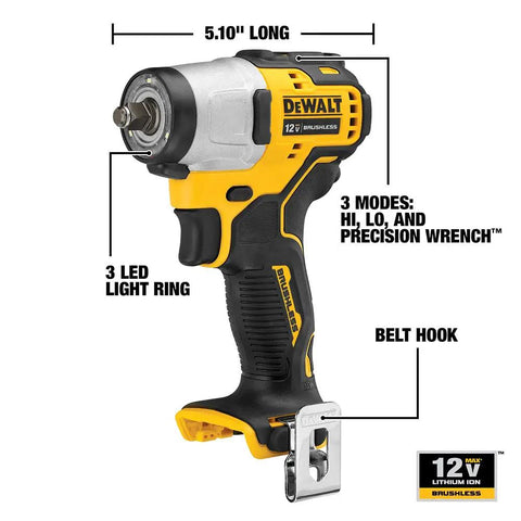 Compact Brushless Impact Wrench Kit Featuring 12V Motor And 3/8 Square Drive, 5.1 inch length with LED lights and belt hook.