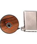 Close-up of Beefy Zinc Alloy Glass Hinge Connector for shower door, highlighting the metal hinge and wood surface detail.
