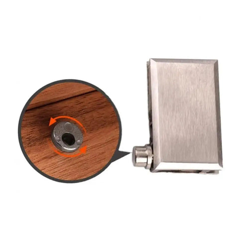 Close-up of Beefy Zinc Alloy Glass Hinge Connector for shower door, highlighting the metal hinge and wood surface detail.